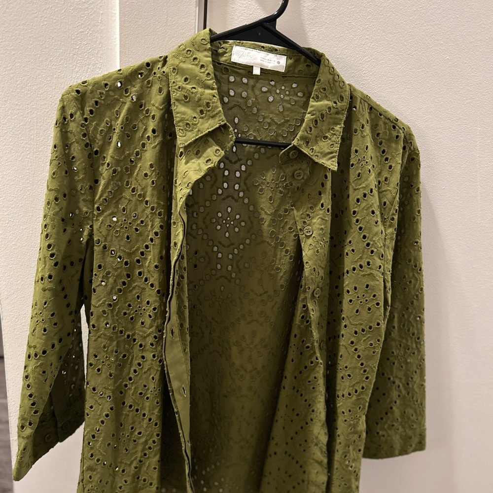 Zara Khaki Eyelet Button-Up Blouse